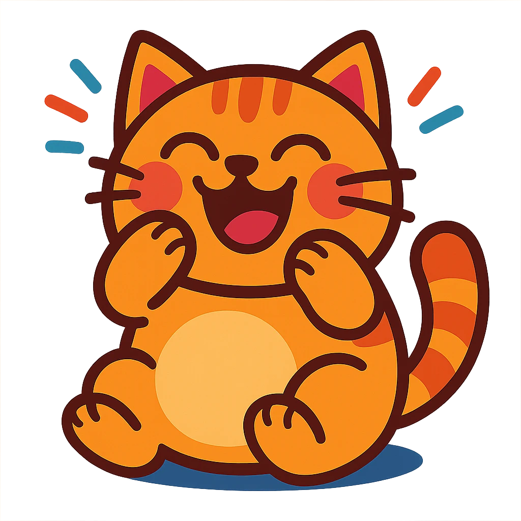 a cute chubby cat giggling with eyes closed, vibrant toon style emoji