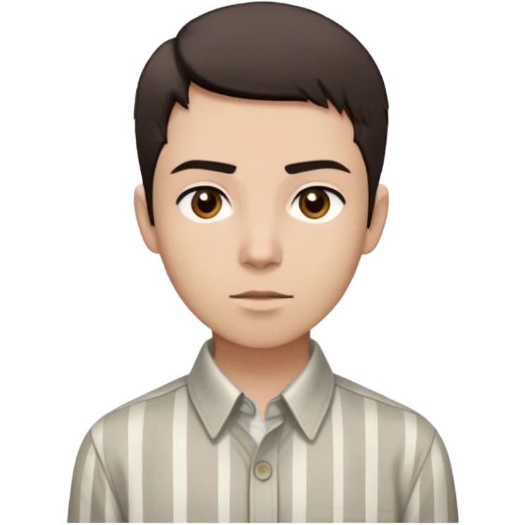 young individual with short, dark brown hair that is styled in a blunt cut on top and faded on the sides. They have light skin, dark eyebrows, and brown eyes. Their expression seems neutral, and they are looking slightly to their left. They are wearing a light-colored, long-sleeved button-down shirt with thin vertical stripes. The collar of the shirt is visible. emoji