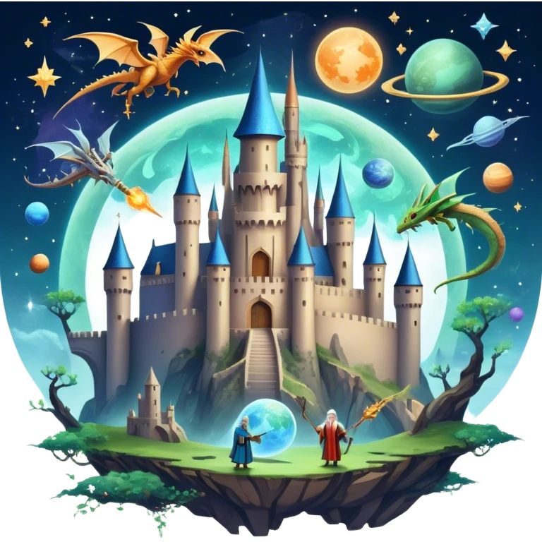 Icon for Fantasy and Sci-Fi Movies: A magical collage with flying dragons and futuristic spaceships. Stars and planets shimmer in the background with a mystical castle Hogvards and an ancient wizard holding a staff. The atmosphere is epic, otherworldly and adventurous. Transparent background. emoji