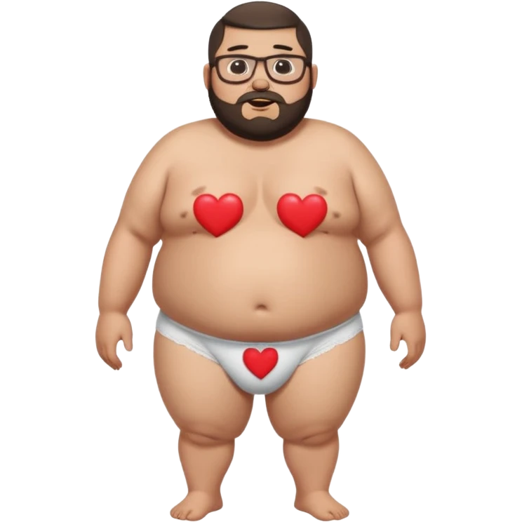 A full body standing, morbidly obese, fat, shirtless mexican guy in his white underwear with red hearts, with a buzzcut, a beard, and glasses thats drooling emoji