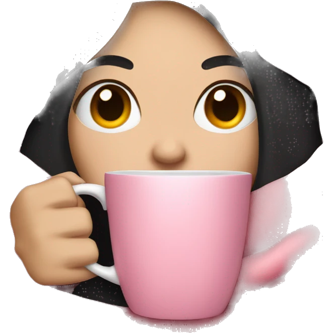 white girl with black straight hair inside a pink blanket sipping coffee eyes closed emoji
