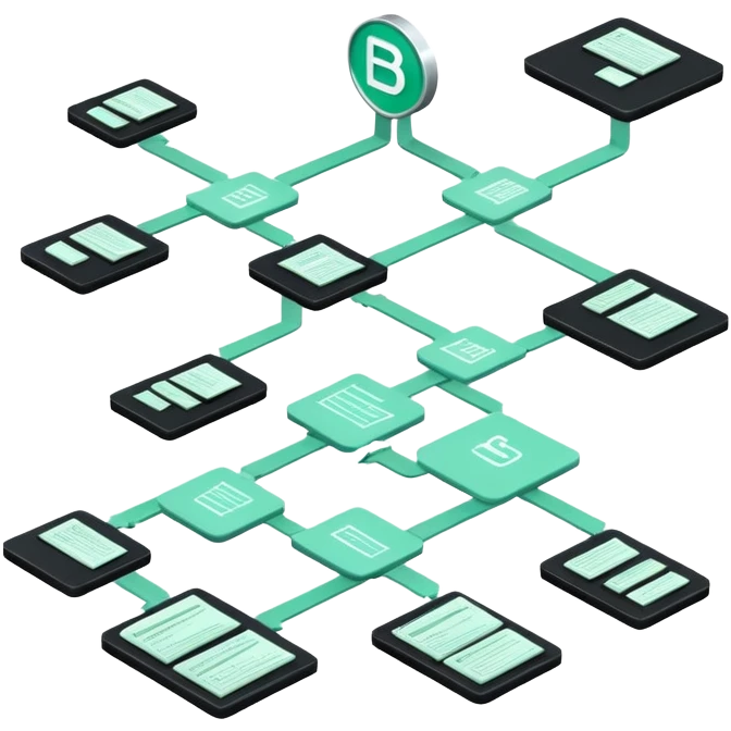 Fonction Publique (Public Service), 3D technical icon with black and mint green (#B5F4D3), administrative protocol flowchart with public service regulation codes emoji