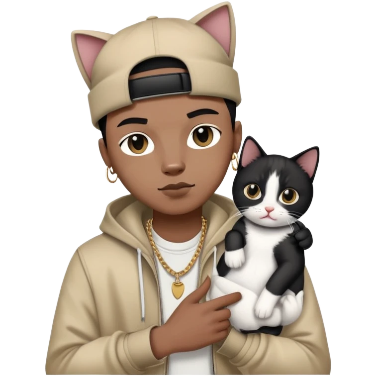 rapper with stylish clothes holding a cute black and white cat emoji