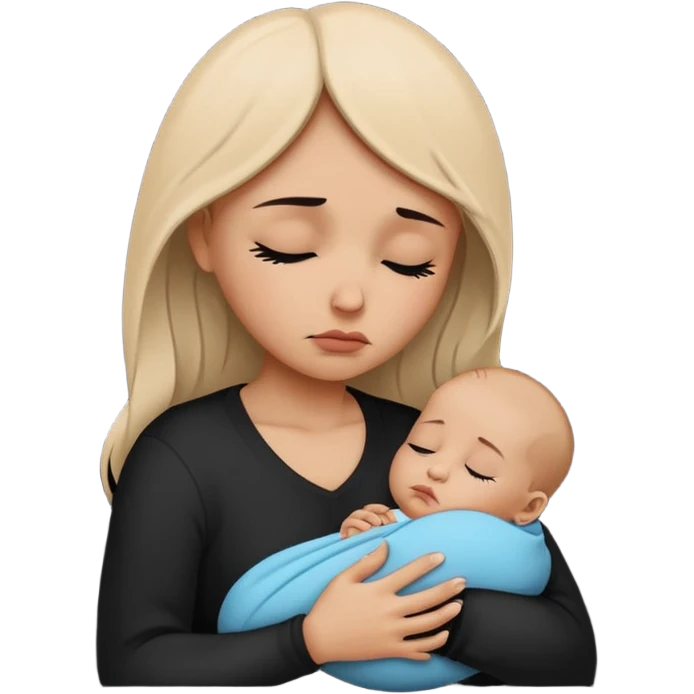 Minimalistic flat vector icon, iOS style, thin black contour on white background. Silhouette of a sad mother holding a baby, small tear drop. Clean, no text, no shadows emoji