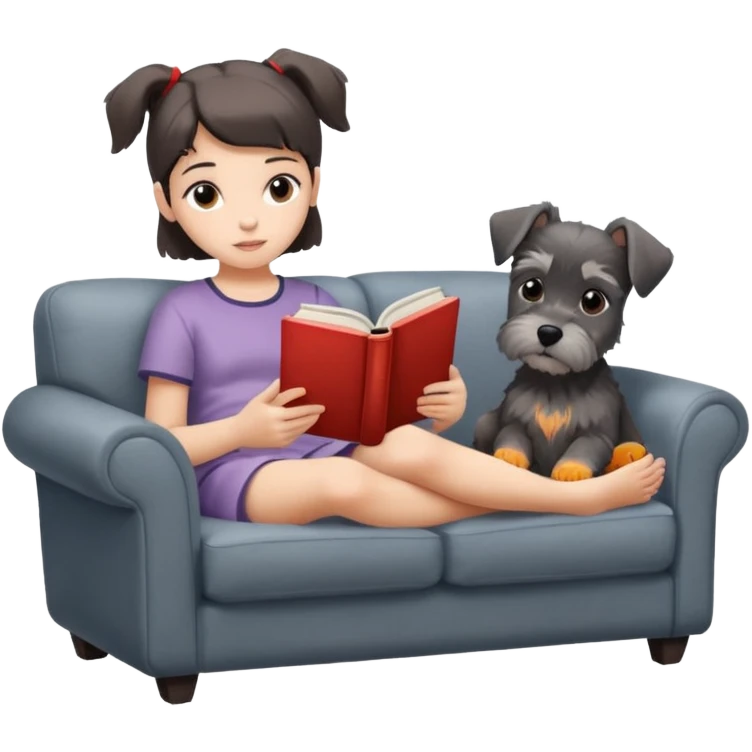 a girl lying on a couch reading a book, a Schnauzer puppy resting at her feet, cozy and relaxing, iPhone icon style, clean and simple, minimal background emoji