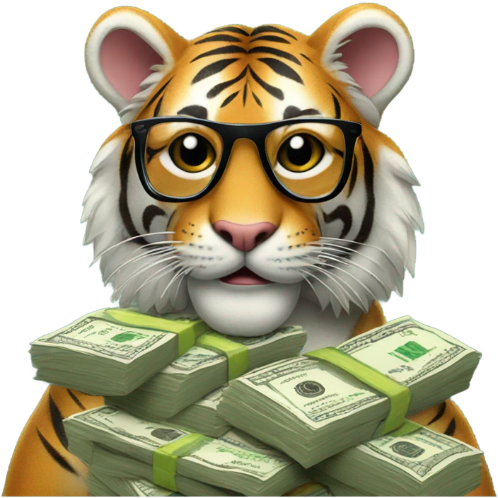 Tiger with glasses on, making money emoji