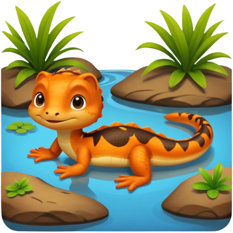 A 3D cartoon newt resting near a pond, orange and brown colors, visible tail, friendly expression, soft reflections and lighting, Memoji-style character. emoji