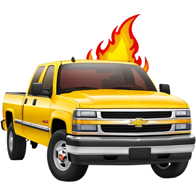 Bright yellow 1997 Chevrolet C-2500 Crew Cab Silverado from Kill Bill with red flame decals on the front hood, 30-degree view showing flames clearly, iOS emoji style emoji