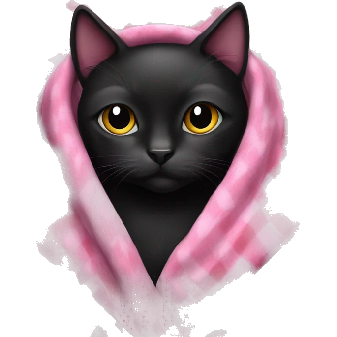 Black cat cozy in pink blanket emoji