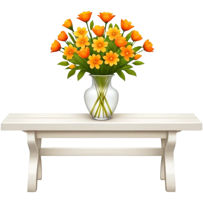 White benches with a romantic lush warm-colored flower vase on top of table emoji