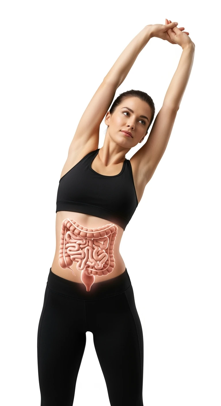 donna che fa stretching con intestino umano anatomico in evidenza, realistica 4k sfondo bianco emoji