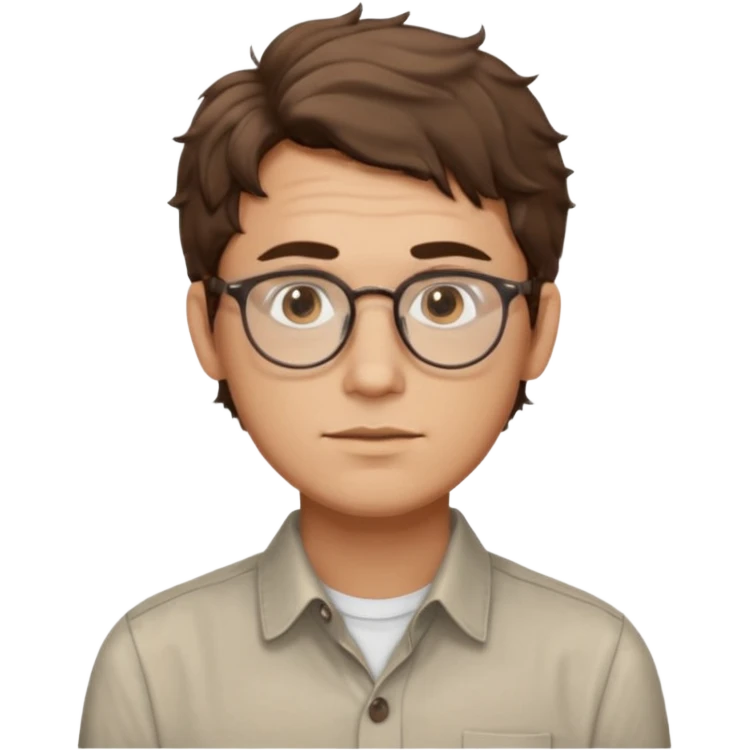 male Slim, slightly oval face, light skin.
Medium-length brown wavy hair, slightly messy.
Brown eyes, round eyeglasses.
Soft, calm expression.
No beard or very light stubble. emoji