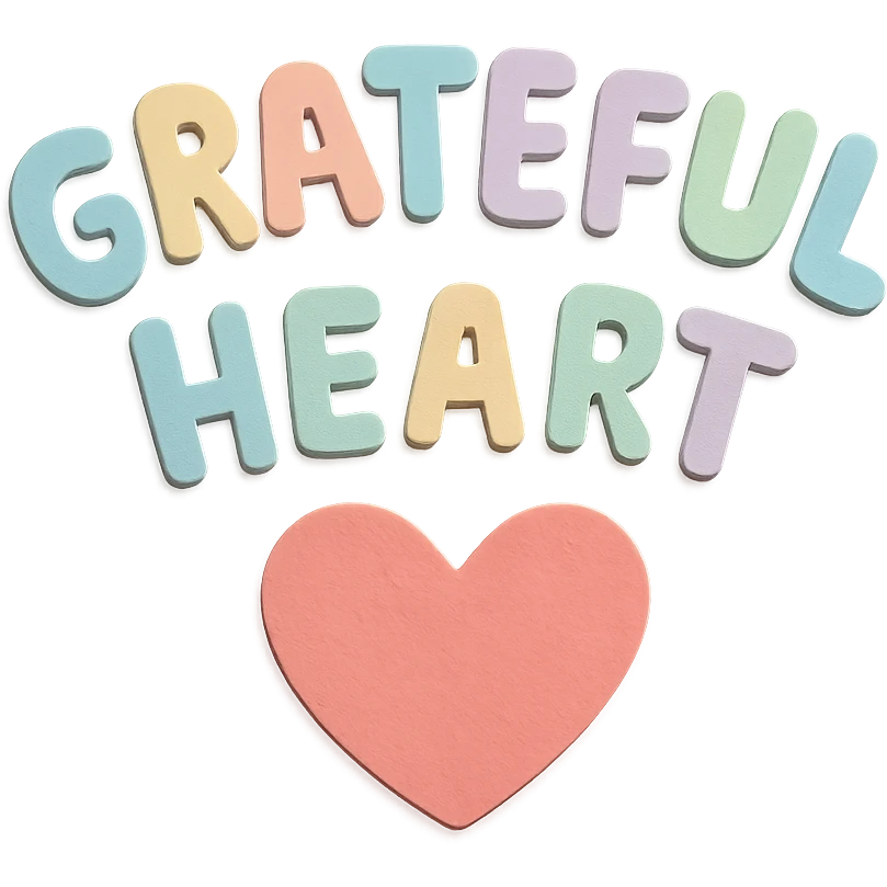 "Grateful Heart" soft pastel rainbow soft puffy lettering, cute hand-drawn font, no outline, transparent background emoji