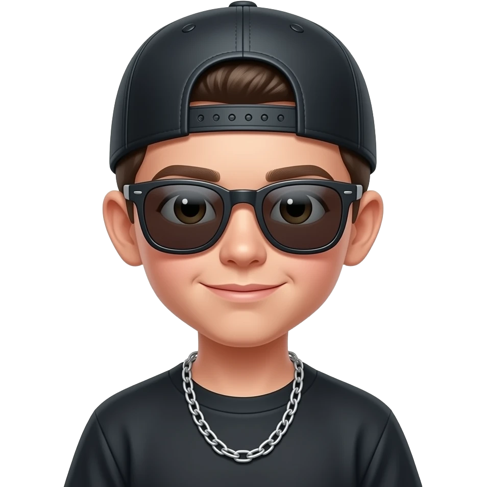 Un niño con gorra de lado con cadena y gafas emoji