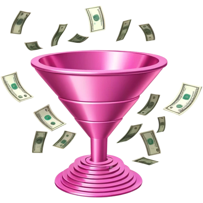 futuristic pink sales funnel with pink dollars inside emoji