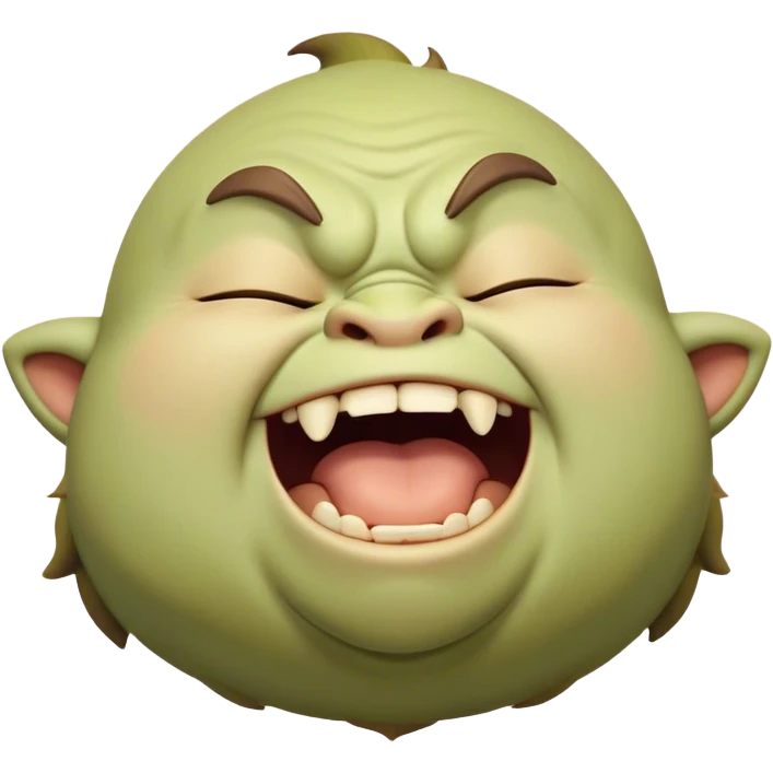 Cinematic Cute Yawning Ogre Portrait Emoji, with a surprisingly cuddly, rotund figure in soft earthy greens and browns, head tilted back in a big, gentle yawn exposing a set of comically oversized teeth, simplified yet irresistibly adorable, highly detailed with a soft glowing outline that captures the sleepy charm of a friendly ogre after a long day of gentle mischief! emoji