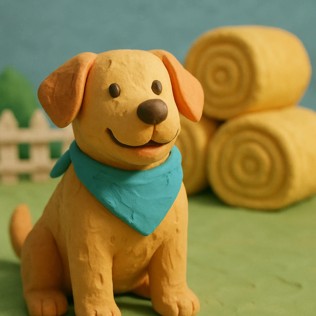 friendly farm dog with a bandana, hay bales in background, soft pastel colors, claymation style emoji