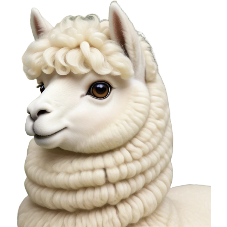 Cinematic Noble Cream Alpaca Portrait Emoji, Poised and regal, with a graceful, sturdy build and a luxuriously soft, well-groomed cream fleece, deep-set soulful gentle eyes, Simplified yet sharp and sophisticated features, highly detailed, glowing with a soft, dignified glow, high shine, intelligent and serene, stylized with an air of pastoral elegance, focused and attentive, soft glowing outline, capturing the essence of a watchful and confident companion, so majestic it feels as though it could stride out of the screen with effortless authority! emoji