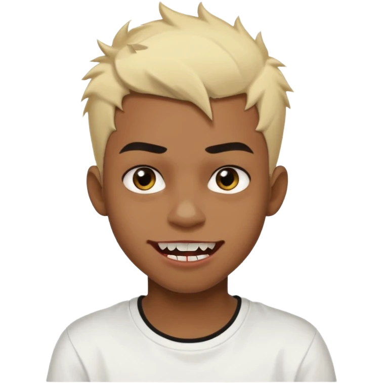 Black Male Teenager with Short punk messy blonde hair, Dark brown bushy eyebrows large expressive golden-brown eyes, wearing a plain white t-shirt, Dark Brown skin color. vampire tooth emoji