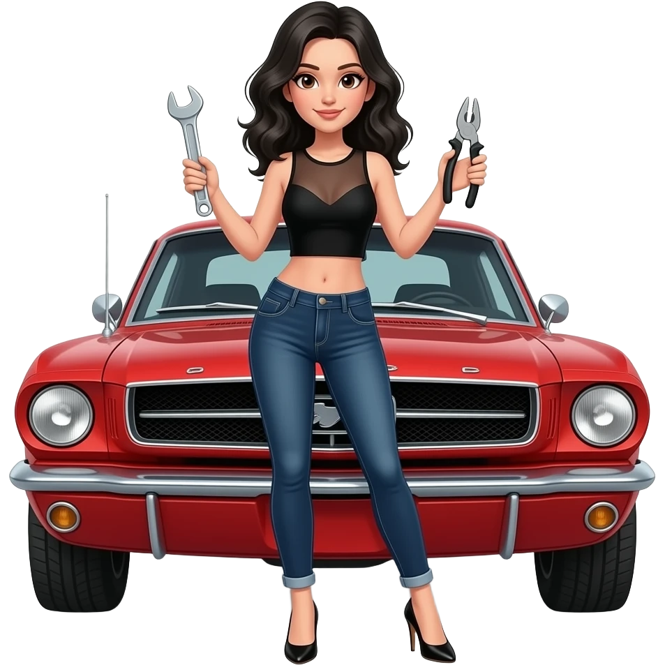 Pale girl with wavy jet black hair and brown eyes in front of a red ford mustang 1968 coupe. Girl wearing a sheer black sleeveless top, low rounded neckline, jeans and heels with visible toes. Girl holding an adjustable wrench in his right hand and a pair of multi-grip pliers in his left hand. emoji