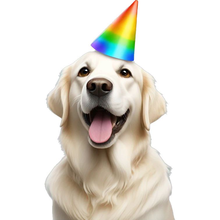White golden retriever wearing multicolor party hat emoji