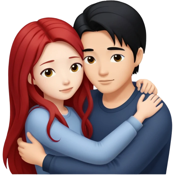 asian guy with long black hair hugging natural red haired girl emoji