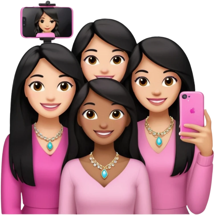 Just 3 besties with professional glammed up looks wearing pink and white, medium skin tone smiling big with black long hair. Very girly wearing jewelry, taking a selfie  emoji