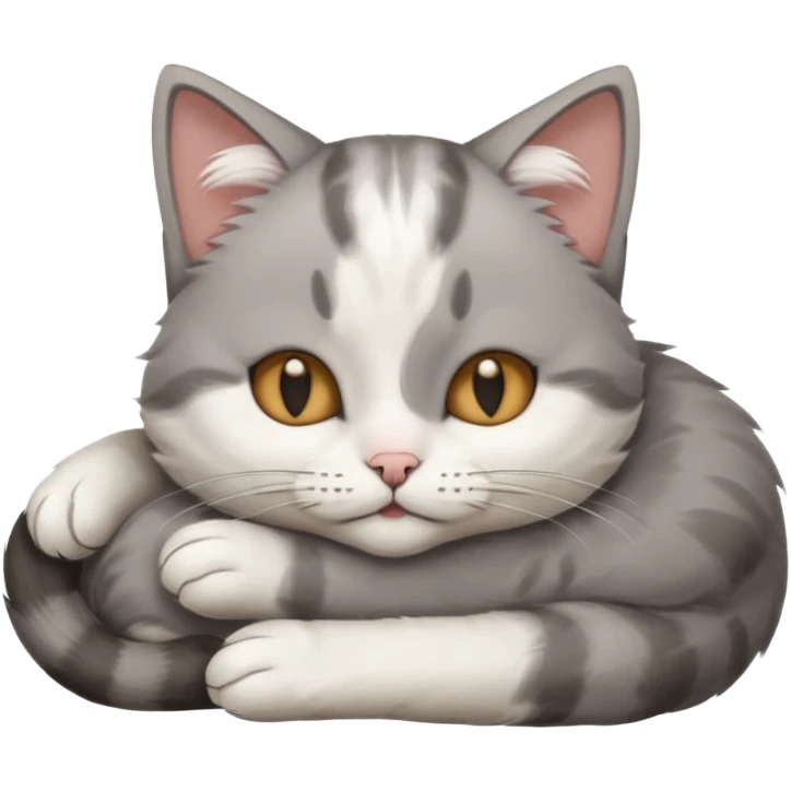 grey and white small cat with its eyes closed lying down with its paw holding up his head emoji