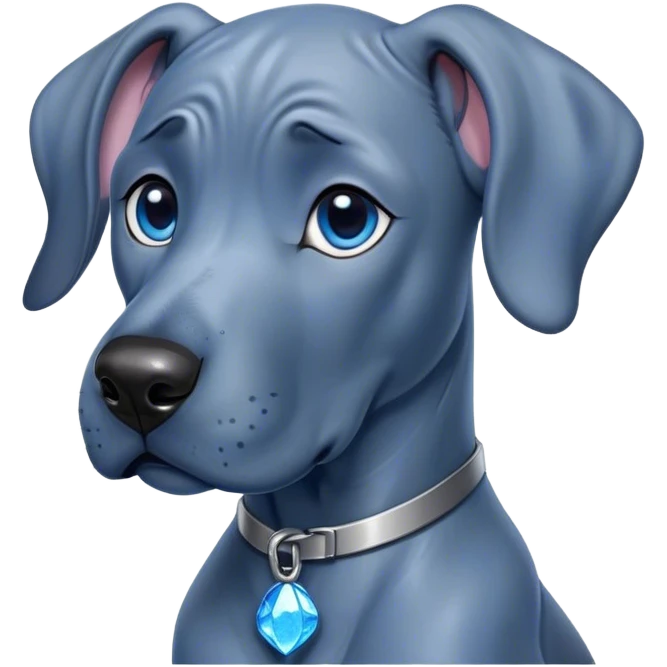 Cinematic Cute Blue Great Dane Portrait Emoji, Head tilted playfully and inquisitively, featuring a glossy blue Fur with a refined sheen, round, sparkling steel-blue eyes filled with curiosity, Simplified yet irresistibly adorable features, highly detailed, glowing with a warm, friendly glow, high shine, affectionate and gentle, stylized with a touch of whimsy, bright and endearing, soft glowing outline, capturing the essence of a mischievous yet loving pup, so playful it feels like it could lumber out of the screen and into your arms! emoji