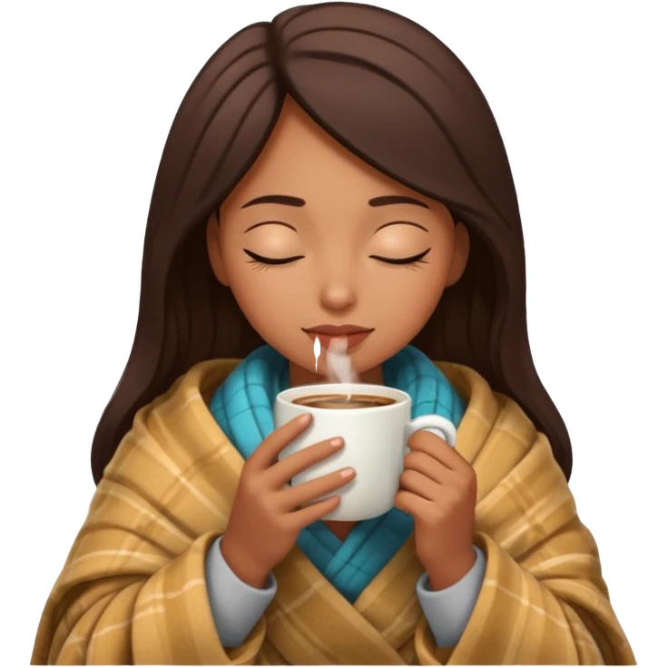 Brown girl inside a blanket sipping coffees eyes closed emoji