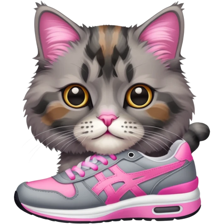 Grey turtoiseshell cat with pink sneakers emoji