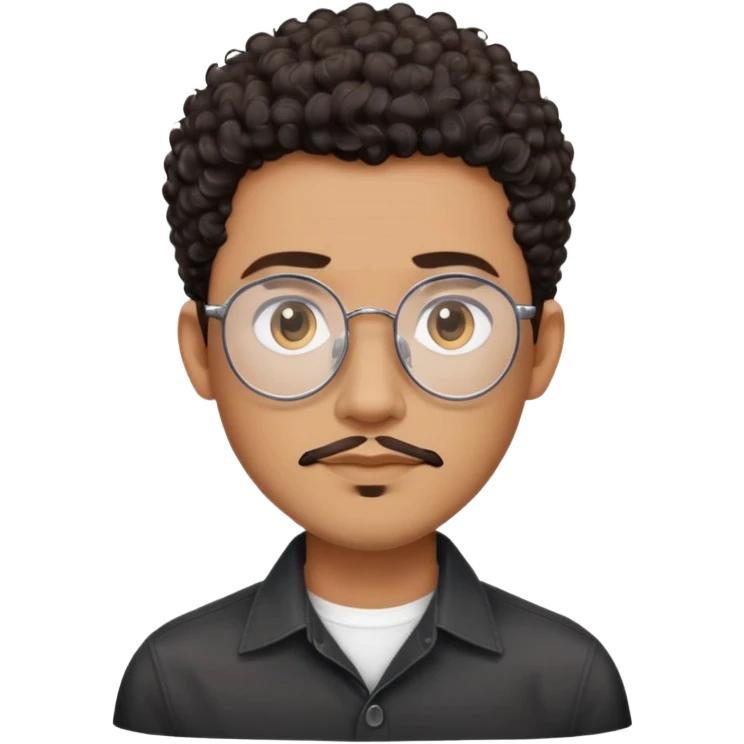 Man with oval-shaped face, large oval metallic glasses, dark curly short hair with high fade, light brown complexion, gentle expression, black button-up shirt emoji