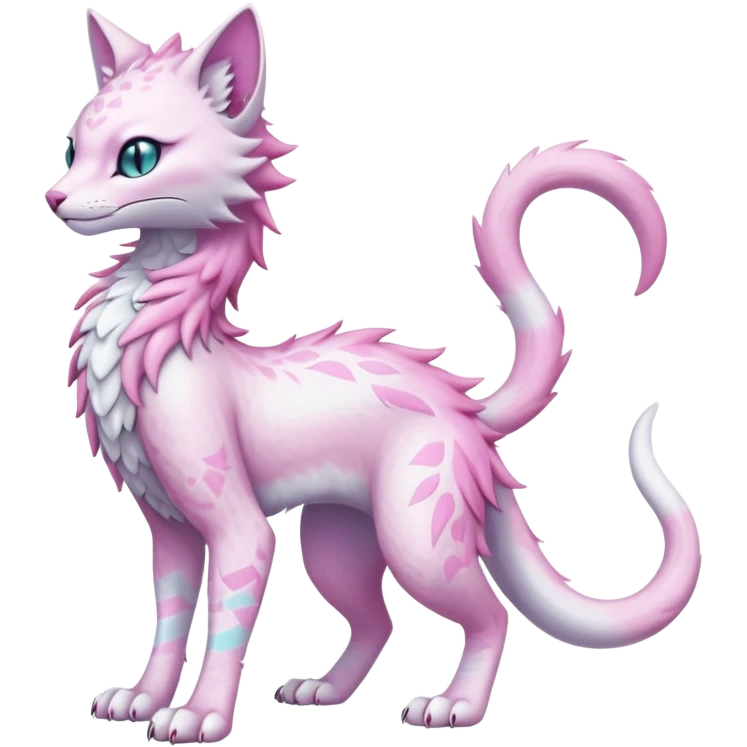 Kawaii white iridescent beautiful pretty elegant divine edgy fantasy feline-vernid-sergal-fursona animal creature with a tufted tail full body with intricate markings  emoji