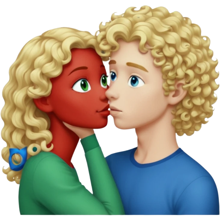 Tall curly blonde girl blue eyes pale kissing bold boy with green eyes emoji