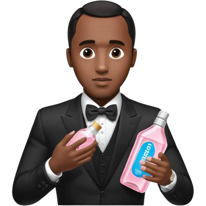 A realistic product shot of a transparent bottle of Johnson’s Baby Oil by Johnson & Johnson, featuring a soft pink label. The oil inside is crystal clear and glossy. Sean "Diddy" Combs in black suit is holding the bottle emoji
