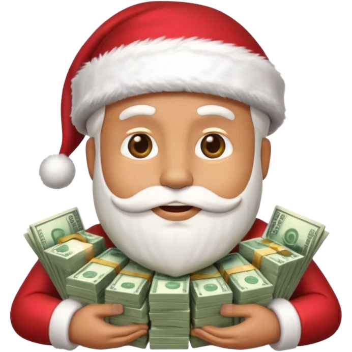 A confident rich emoji face wearing a Santa hat, money stacks, casino vibe, New Year theme, premium 3D emoji style, sharp details, no text, isolated on transparent background emoji