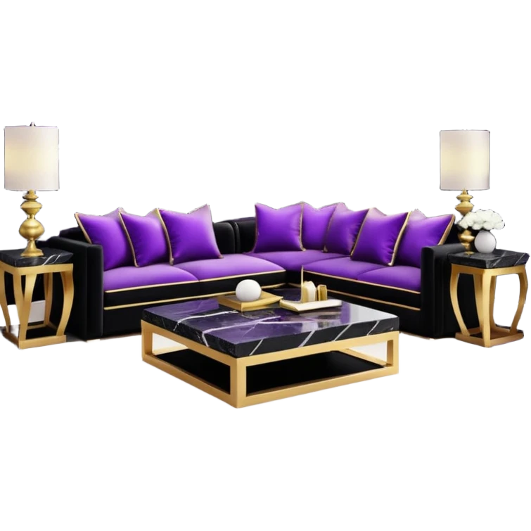 Luxurious black marble living room with gold and white accents and with a purple accented pillow  emoji