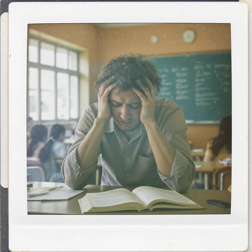 exhausted teacher in a bustling classroom emoji