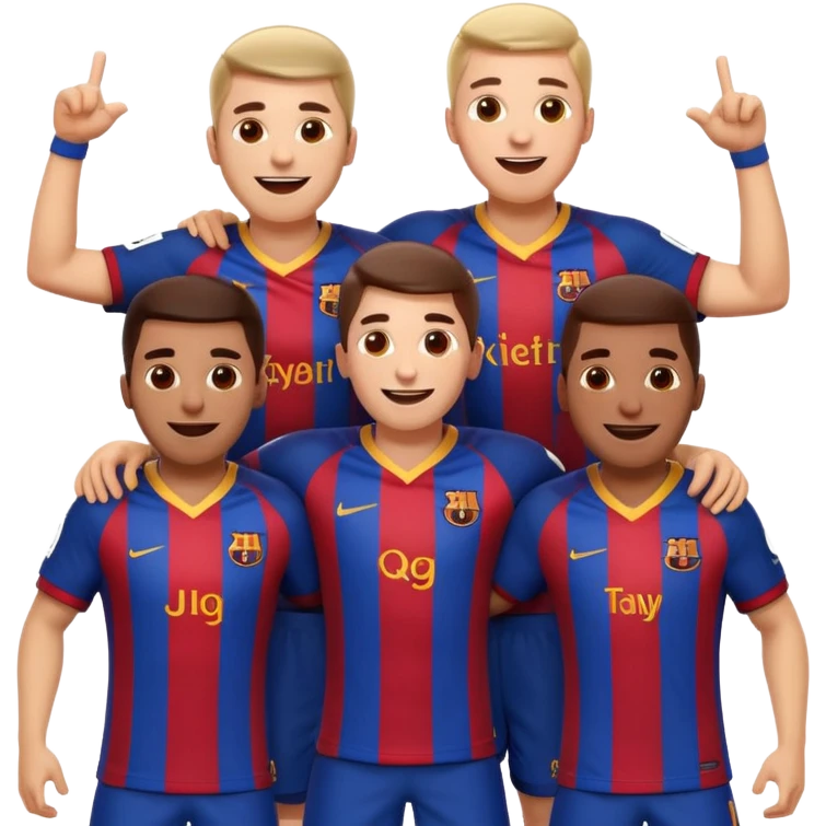 apple style emoji of a group of Barcelona football players as a squad celebrating together with energetic poses emoji