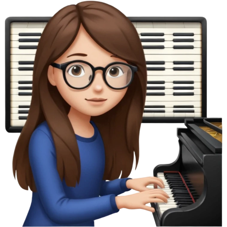 girl long brown hair. round glasses eye. playing piano emoji