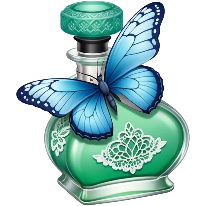 A single delicate blue butterfly resting on the edge of a lace-trimmed green  perfume bottle.
 emoji