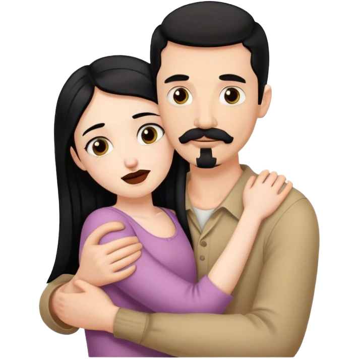 Tall pale man with brown mustache and goatee, hugging small pale woman long with black hair emoji