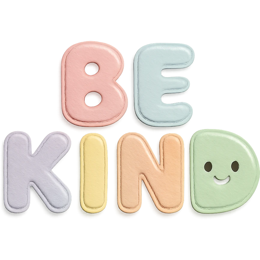 "Be Kind" in soft pastel rainbow puffy bubble letters, kawaii cute style, transparent background, no frame emoji