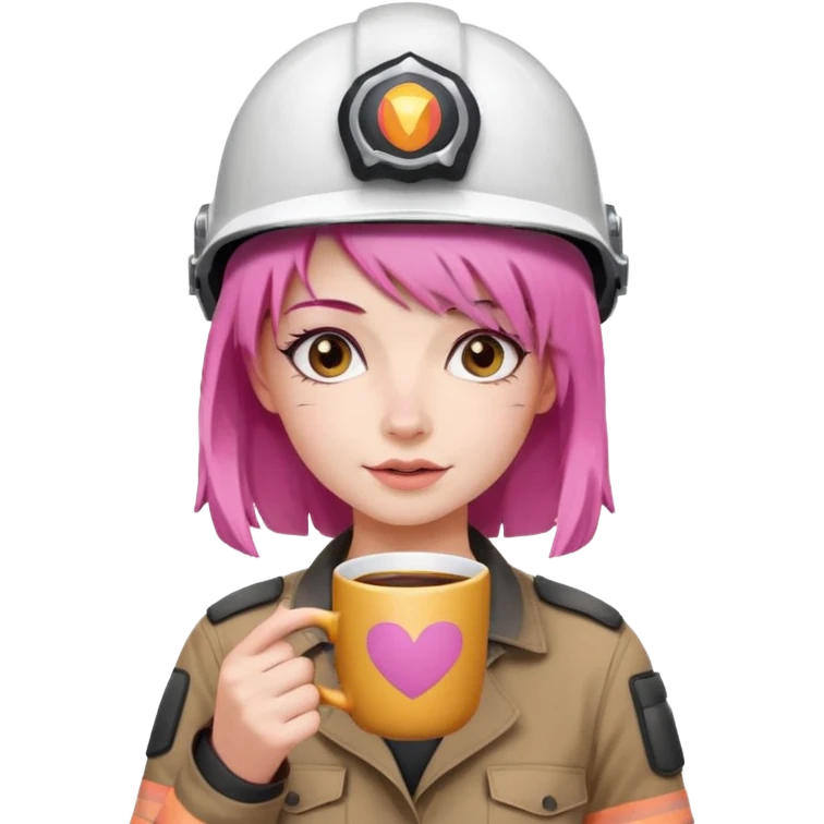 сделай молодую девушку с розовыми волосами, накрашенную красиво, с стаканчиком кофе и в каске с инстаграмным выражением лица emoji