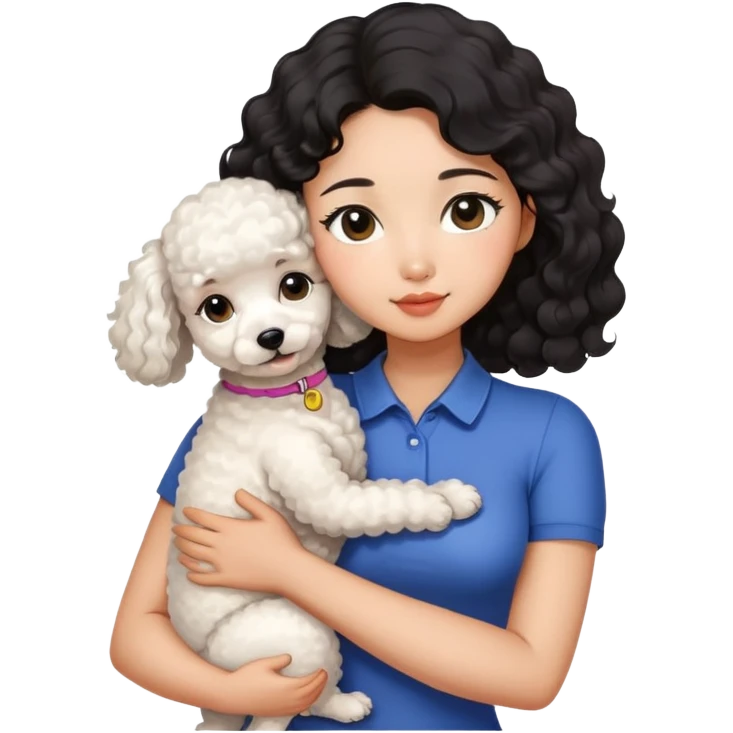 Asian girl with slim figure, small face, big eyes, wavy black hair, wearing a bodycon shirt is hugging a slightly fat white poodle emoji