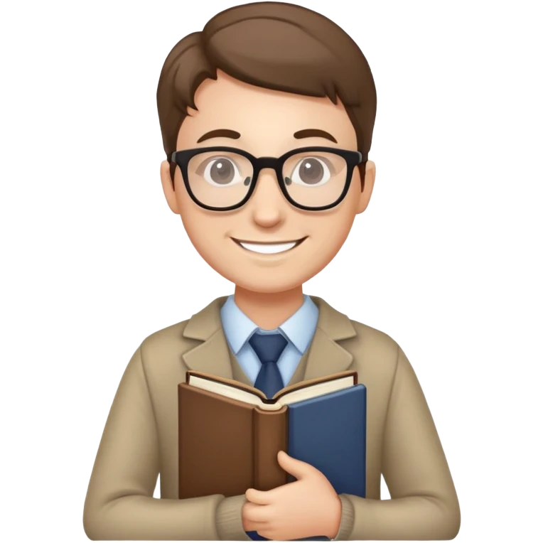 English teacher holding a book, smiling, wearing glasses emoji