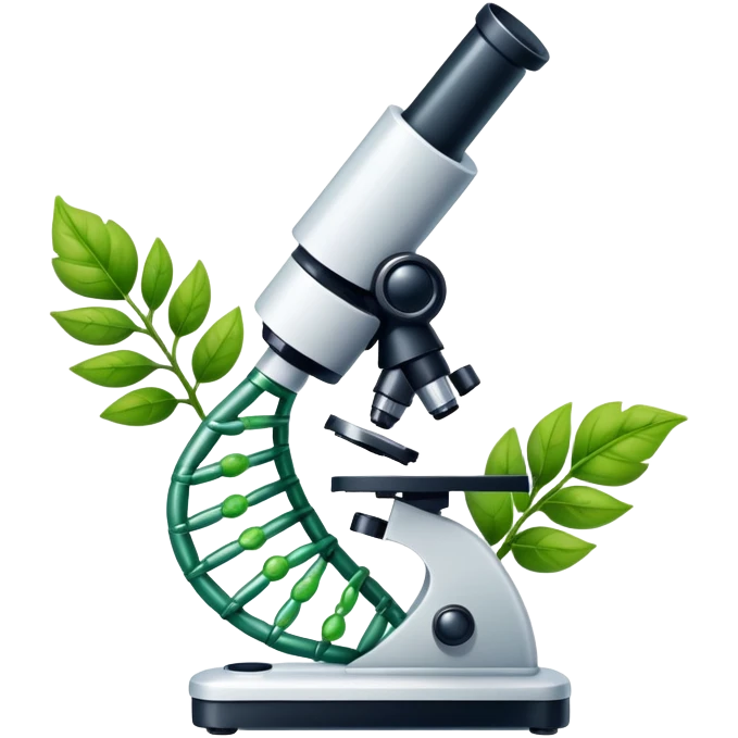 An icon featuring a DNA strand, a microscope with visible cells, and a green leaf, symbolizing biology. The design includes animal cells, plant structures, representing the study of living organisms and ecosystems. Transparent background highlights life sciences and biological research. emoji