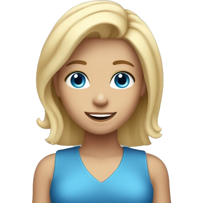 Blonde girl with medium hair, blue eyes, waving hi to the camera emoji