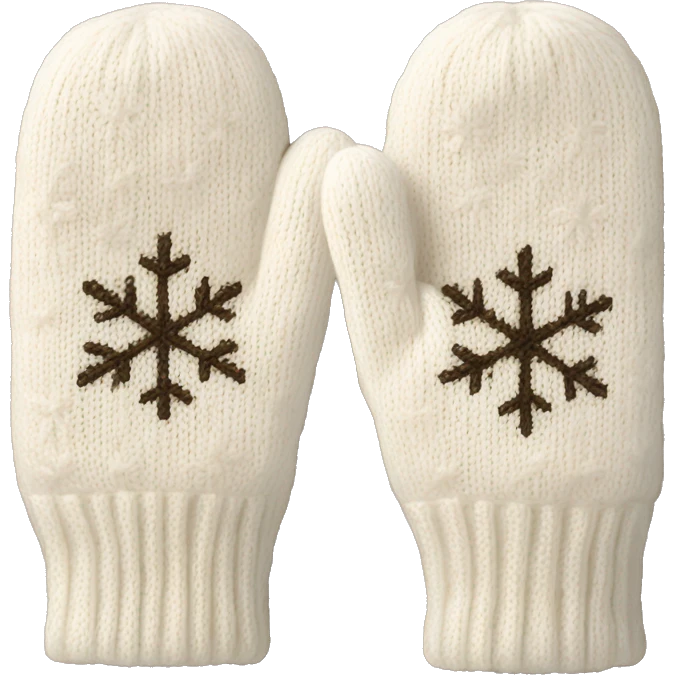 A pair of creme cozy knitted white mittens with a snowflake design emoji