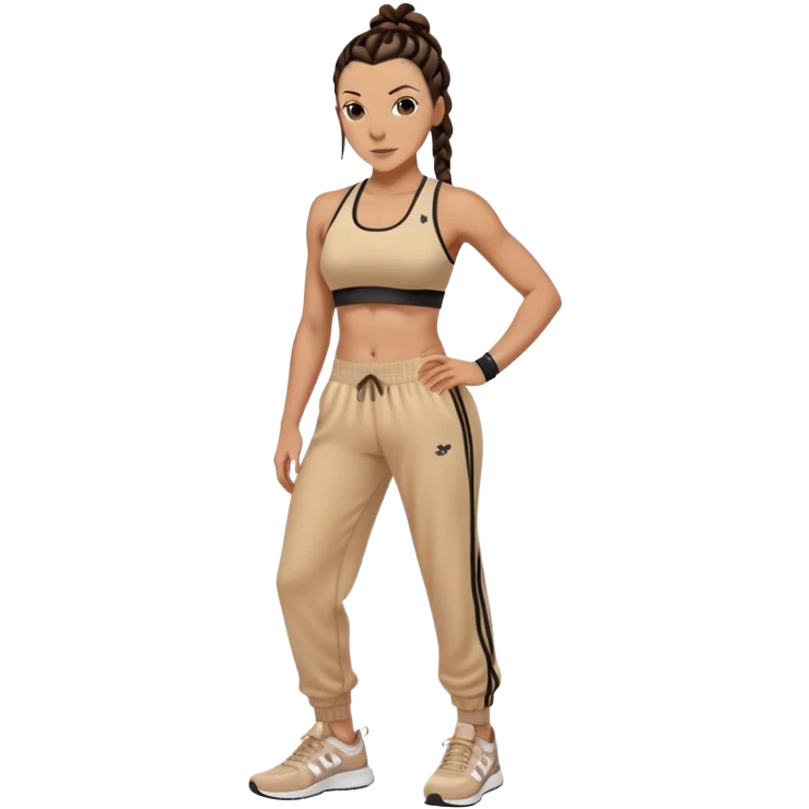 Melanie chisholm with dark brown french braids, wearing a sports bra and track pants with sneakers emoji